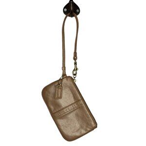 Coach Beige Shimmer Leather‎ Zip Top Wristlet Strap Wallet Pouch 6.25" X 4"